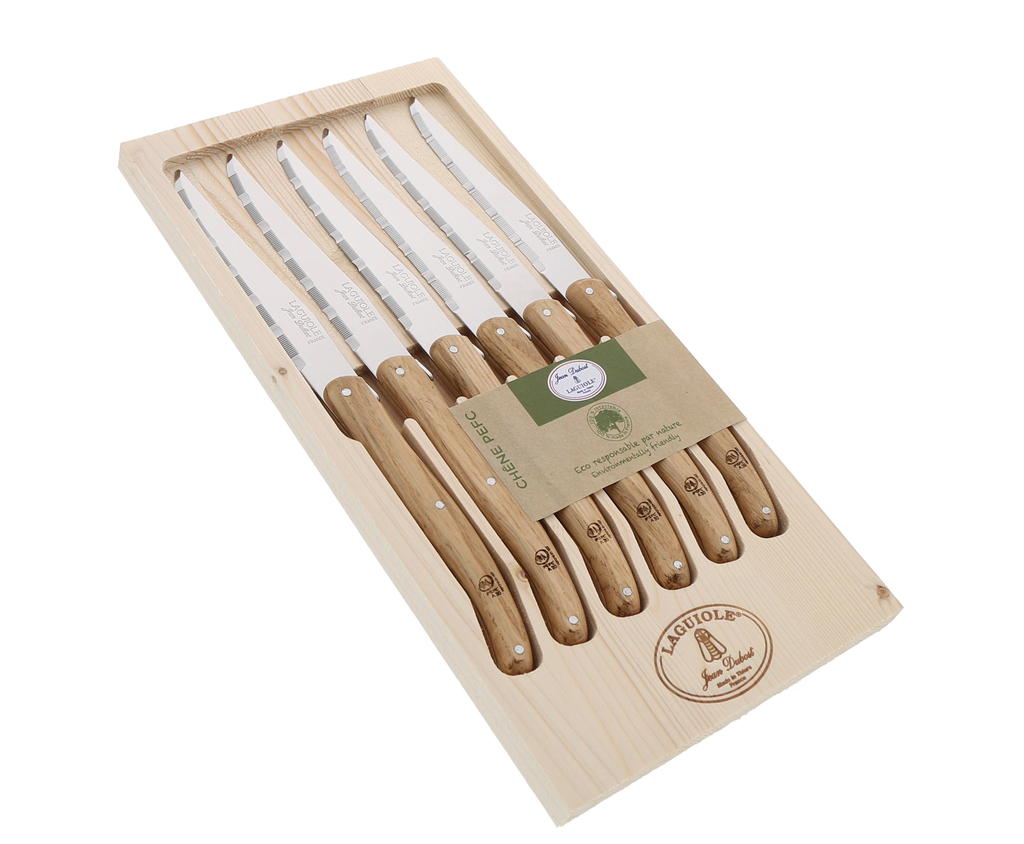 Coffret 6 couteaux steak Jean Dubost Laguiole manche chene certifie PEFC gestion durable des forets