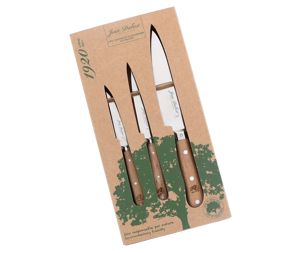 Coffret couteaux de cuisine eco-responsable Jean Dubost manche chene certifie PEFC, gestion durable des forets