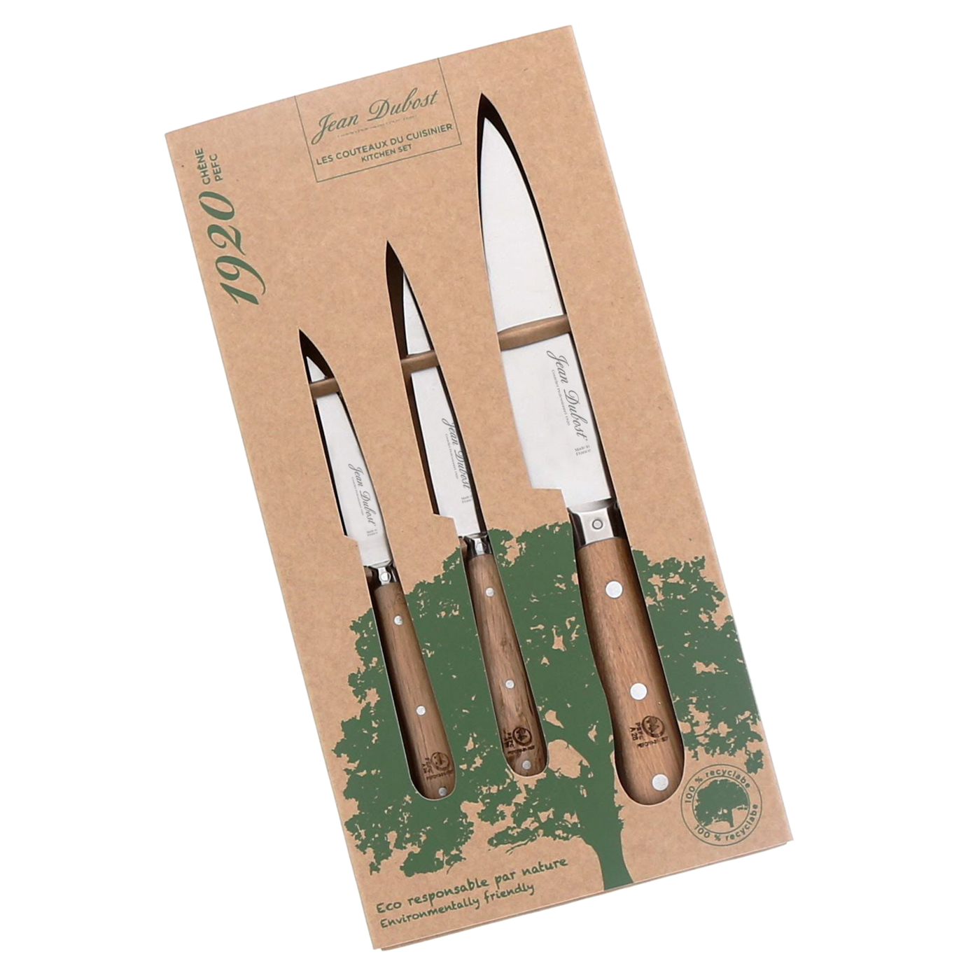 Coffret couteaux de cuisine eco-responsable Jean Dubost manche chene certifie PEFC, gestion durable des forets