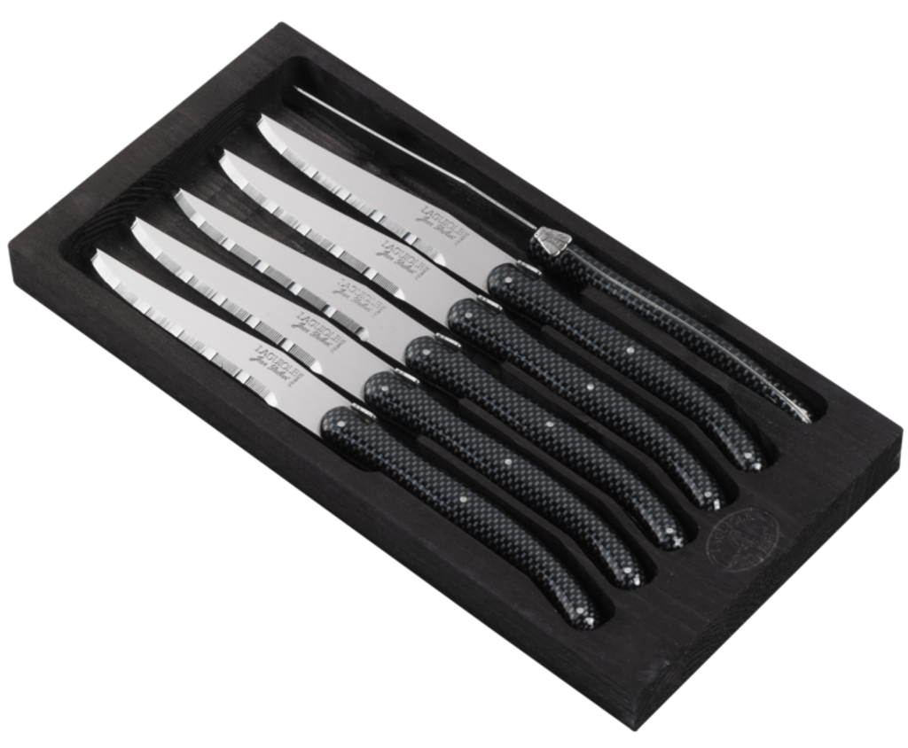 Coffret 6 couteaux steak Jean Dubost Laguiole décor carbone brillant