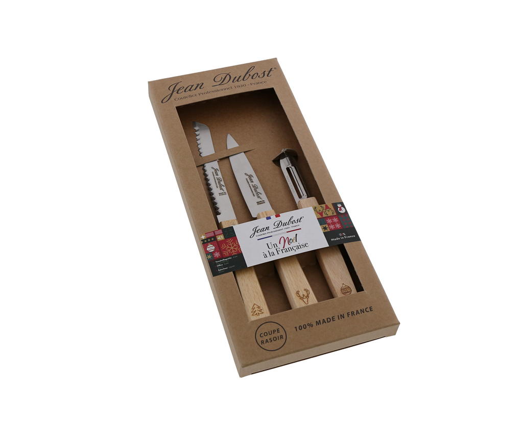 Jean Dubost coffret 3 couteaux de cuisine tradition décor Noel, made in France