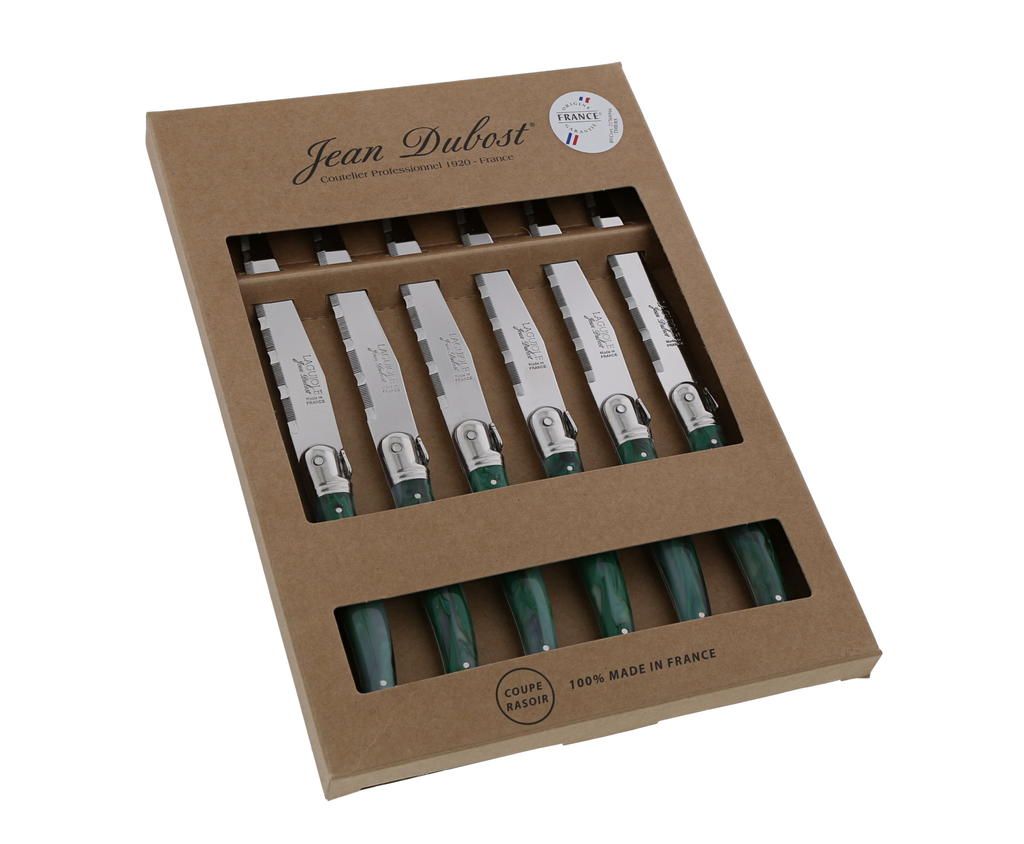 Jean Dubost Laguiole coffret kraft 6 couteaux malachite certifiés Origine France Garantie
