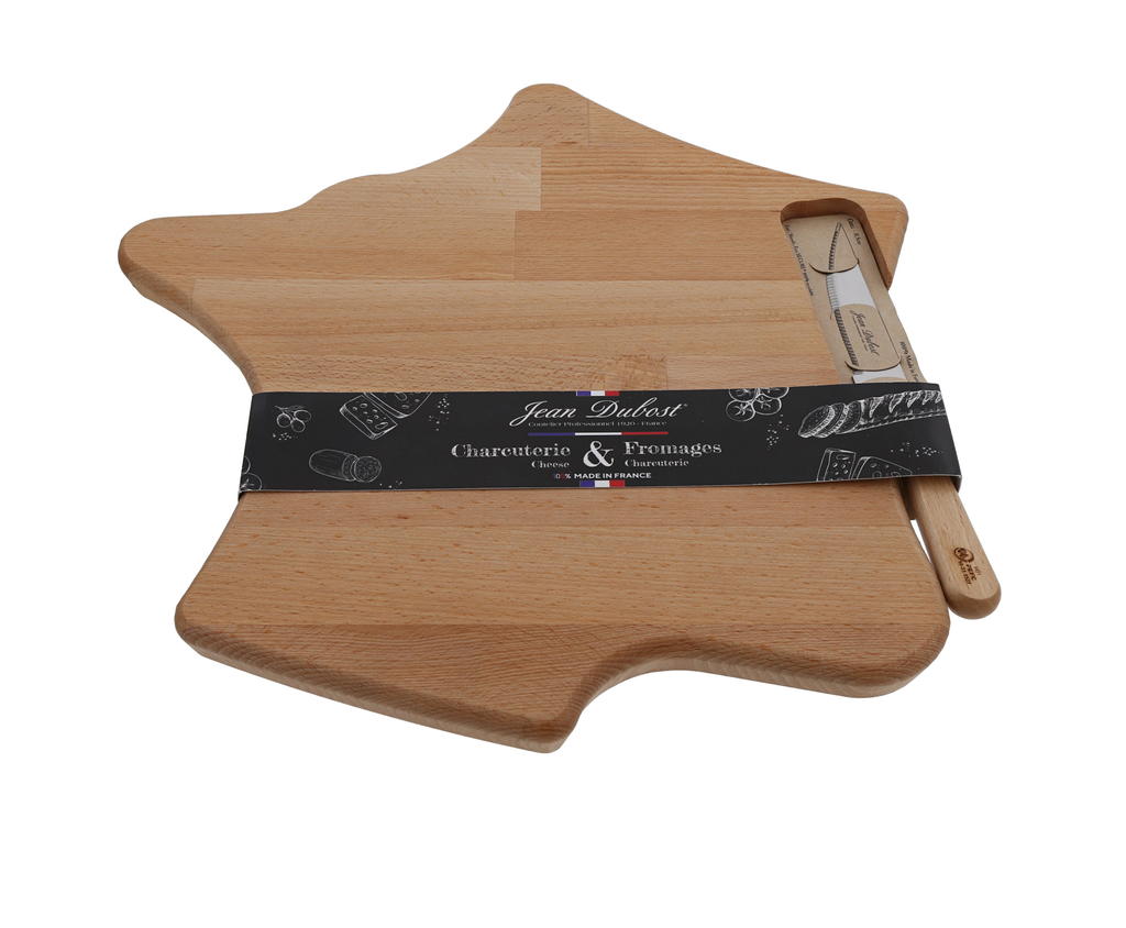 Couteau grill Jean Dubost et plateau fromage charcuterie en hêtre huilé format carte de France