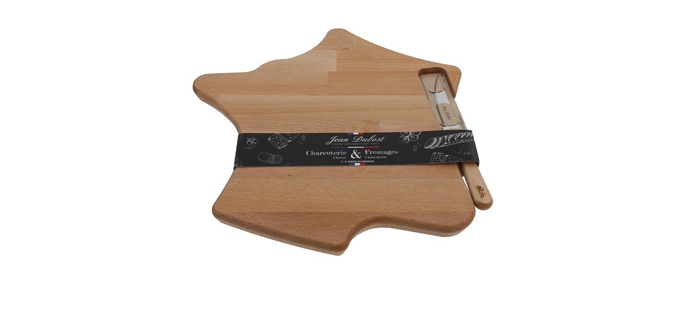 Couteau grill Jean Dubost et plateau fromage charcuterie en hêtre huilé format carte de France