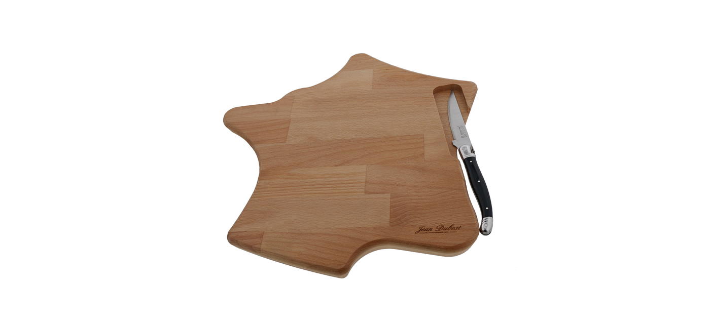 Couteau grill Jean Dubost Laguiole et plateau fromage charcuterie en hêtre huilé format carte de France