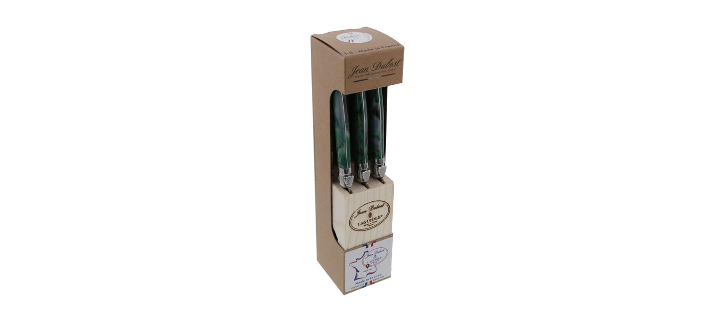 Bloc 6 couteaux Jean Dubost Laguiole vert malachite, certifiés Origine France Garantie