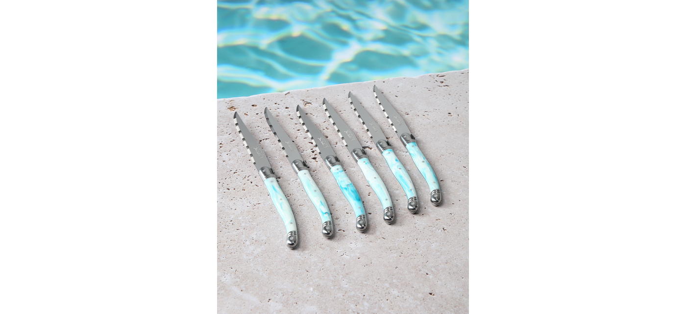 Couteaux steak Jean Dubost Laguiole bleu amazonite, piscine