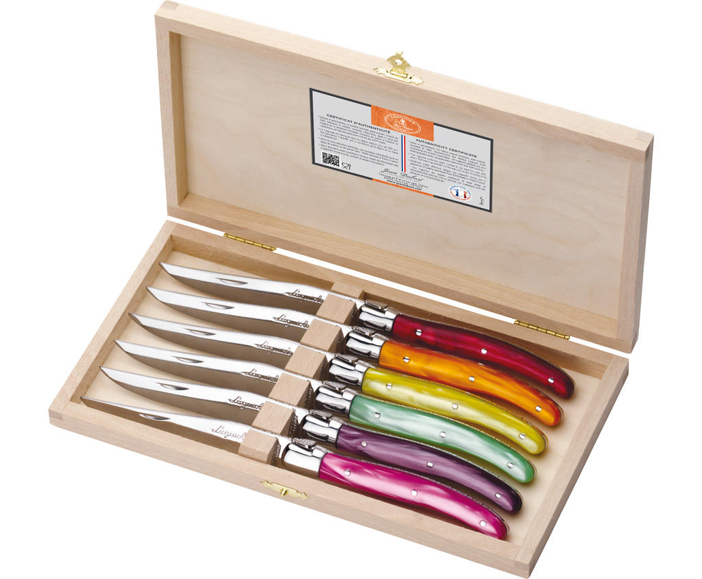 Coffret 6 couteaux Jean Dubost Laguiole manches acrylique coloris fruités made in France