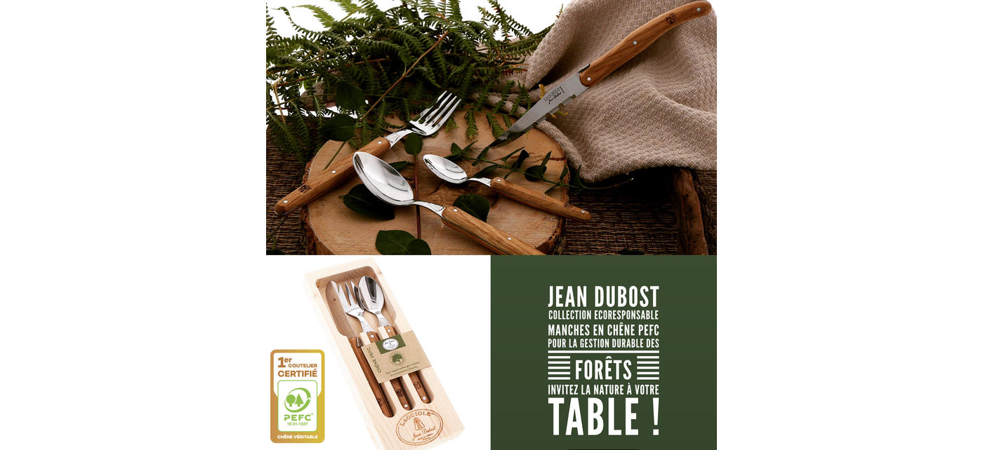 Couverts_et_set_enfant_Laguiole_Jean_Dubost_manches_chene_PEFC_gestion_durable_des_forets_fabrication_francaise_logo_PEFC