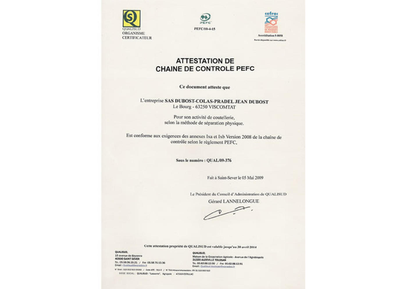 2009_Jean_Dubost_premier_coutelier_certifie_PEFC_gestion_durable_des_forets