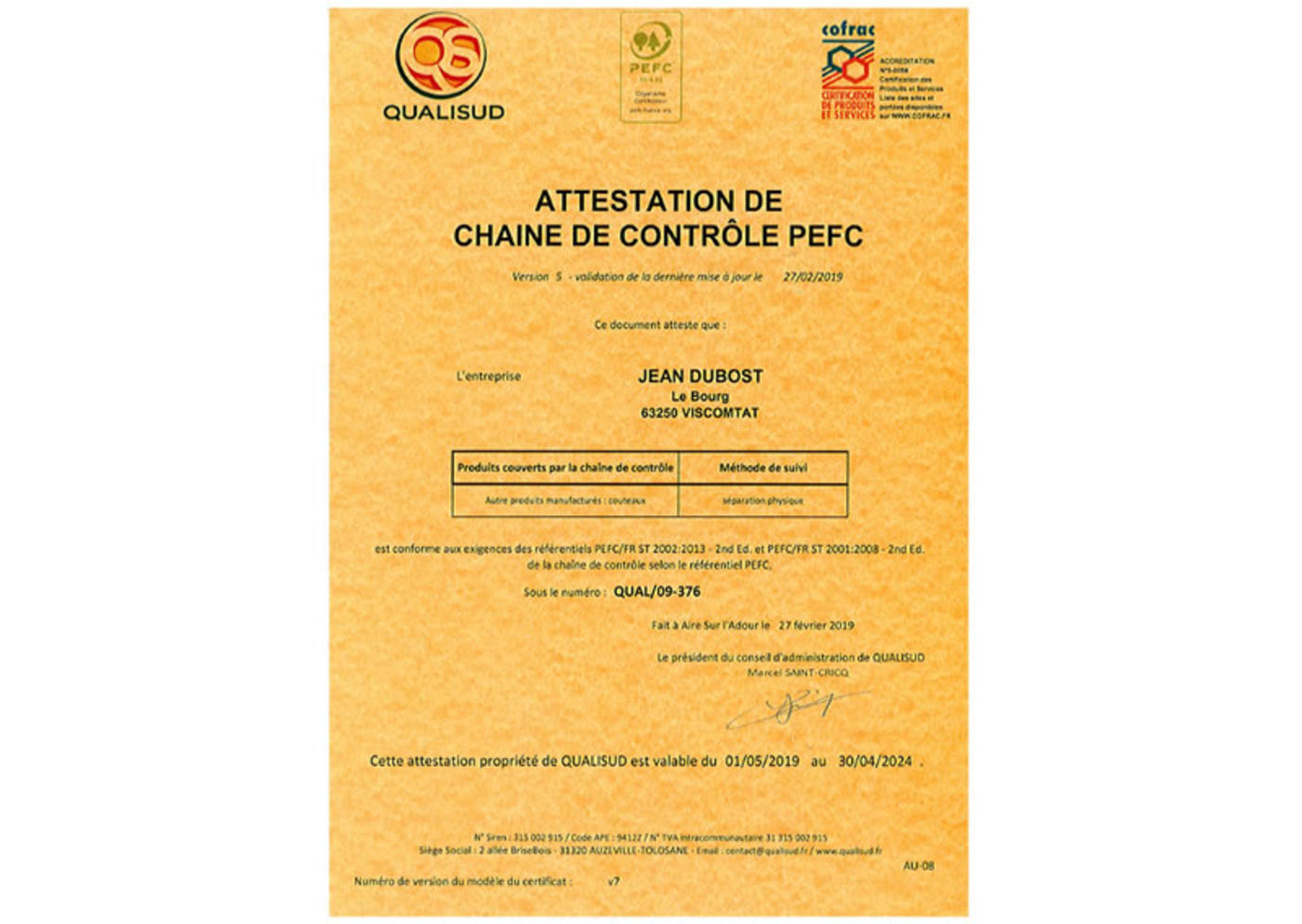 2019_Attestation_certification_PEFC_Jean_Dubost_gestion_durable_des_forets